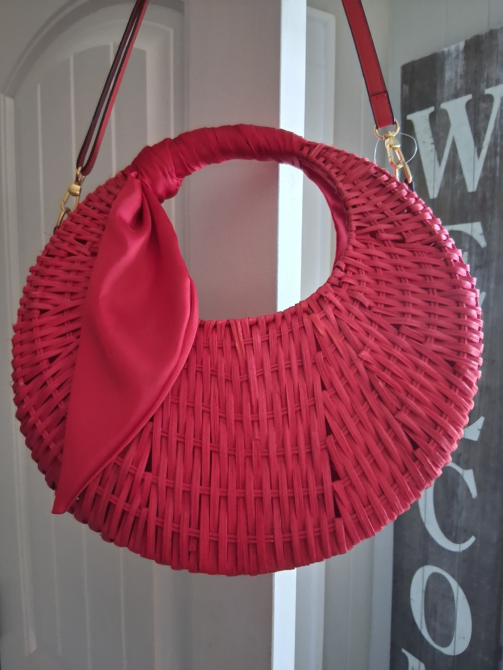 Red Round Woven Handbag with Scarf Accent